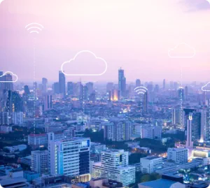 cityscape with superimposed wifi and internet signal icons
